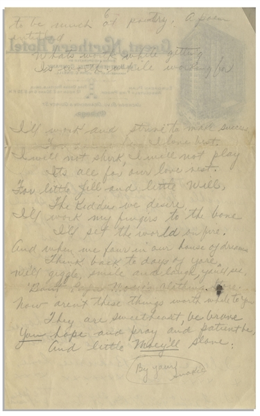 Moe Howard's Handwritten Poem Signed ''Moesy'' to Helen -- Circa 1924, on Verso of Partial Letter From Chicago on Great Northern Hotel Stationery Measuring 6'' x 9.5'' -- Very Good